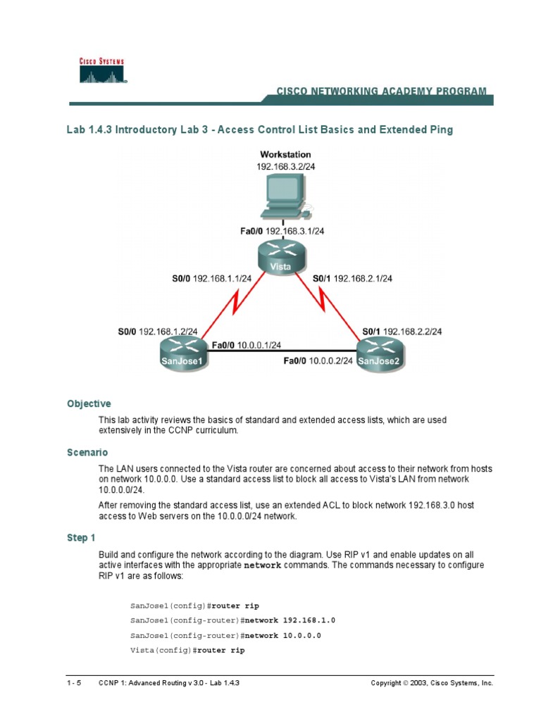 Lab 1.4.3 Introductory Lab 3 - Access Control List Basics and Extended Ping  | PDF | Router (Computing) | Internet Architecture, image size:768x1024