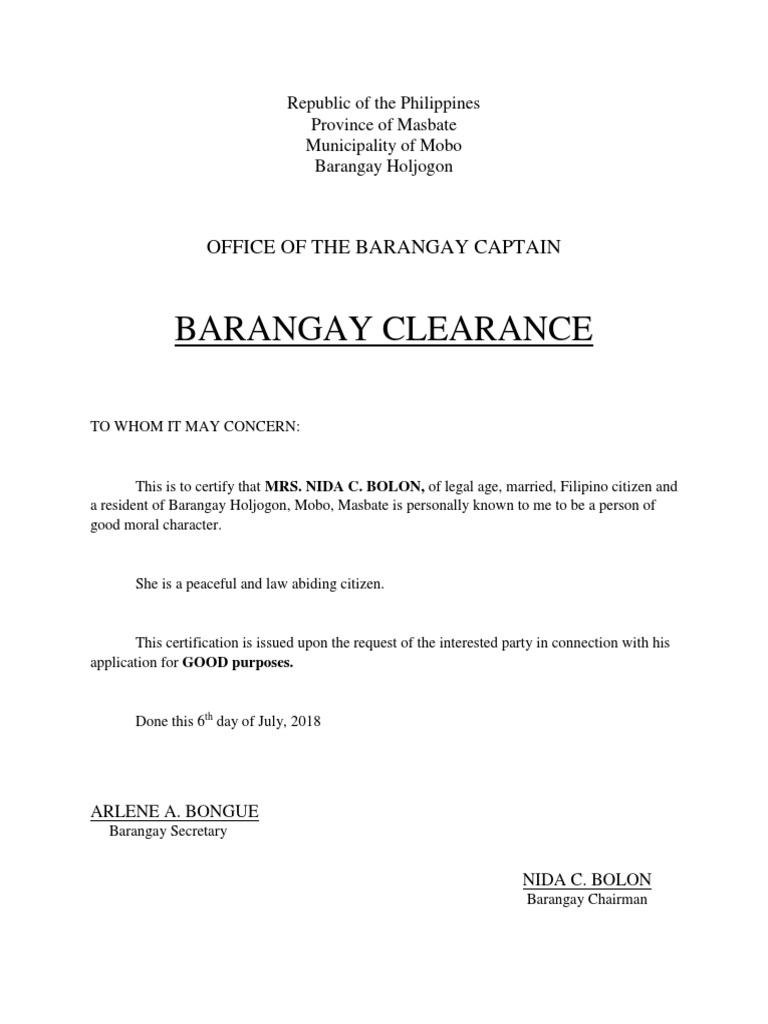 Barangay Clearance Office of The Barangay Captain PDF