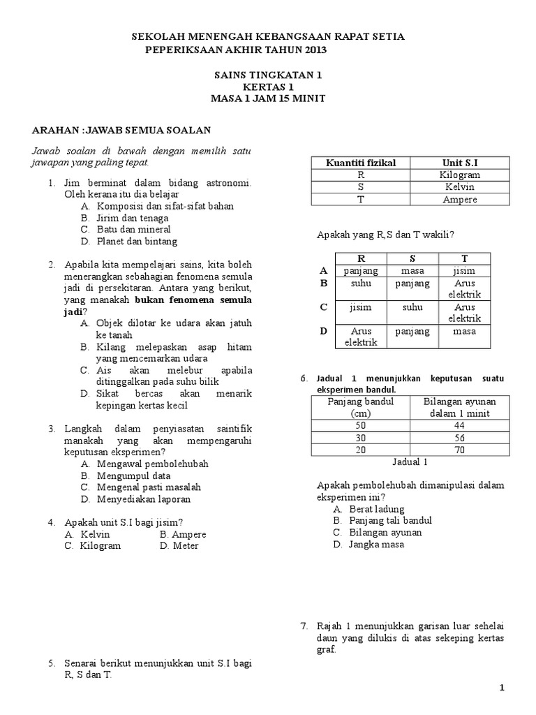 Soalan Akhir Tahun Sains Ting 1 2013 Pdf