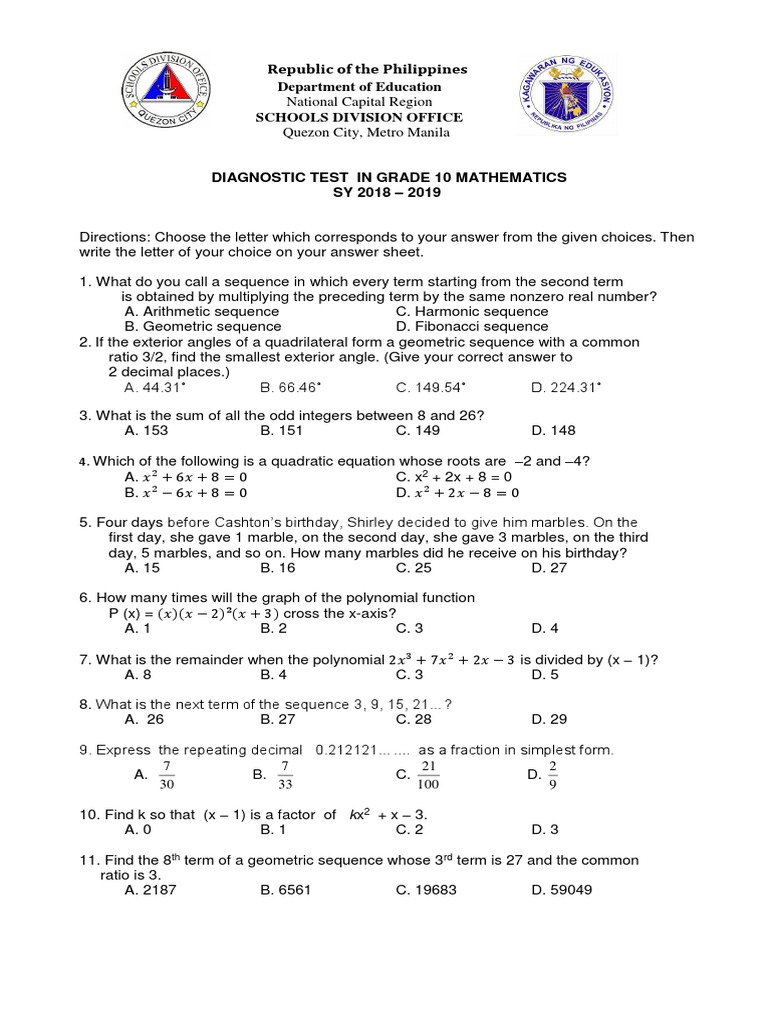 Math 10 Diagnostic Test 2018 2019 Polynomial Ratio