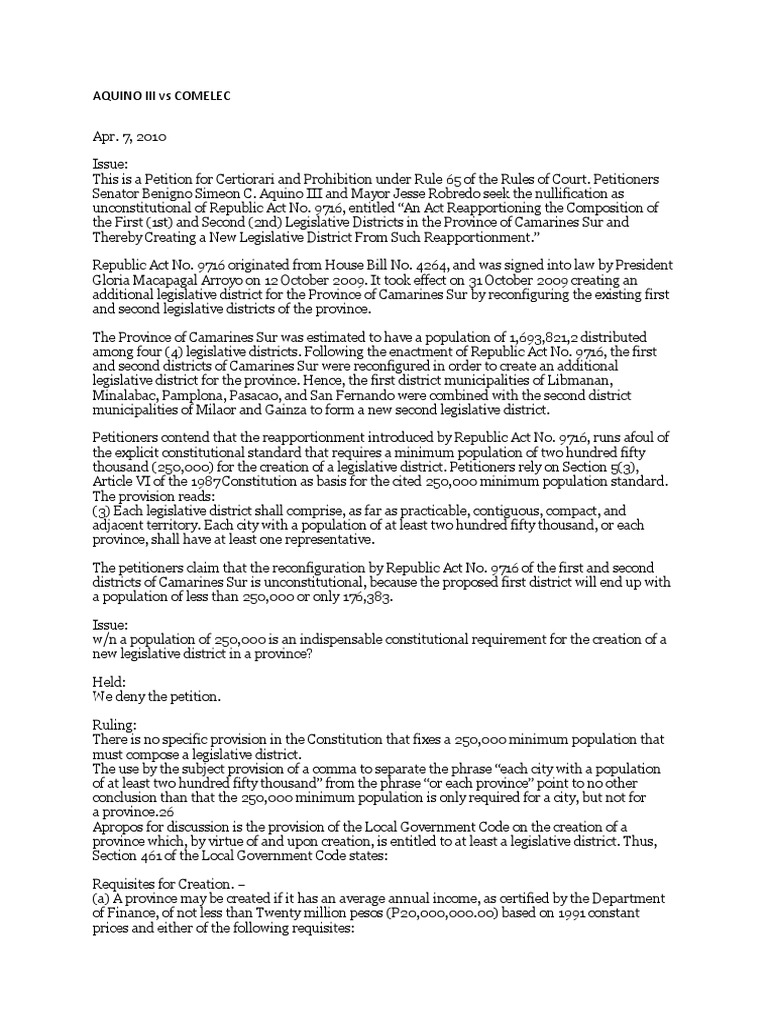 Aquino vs comelec pdf standing law apportionment politics 