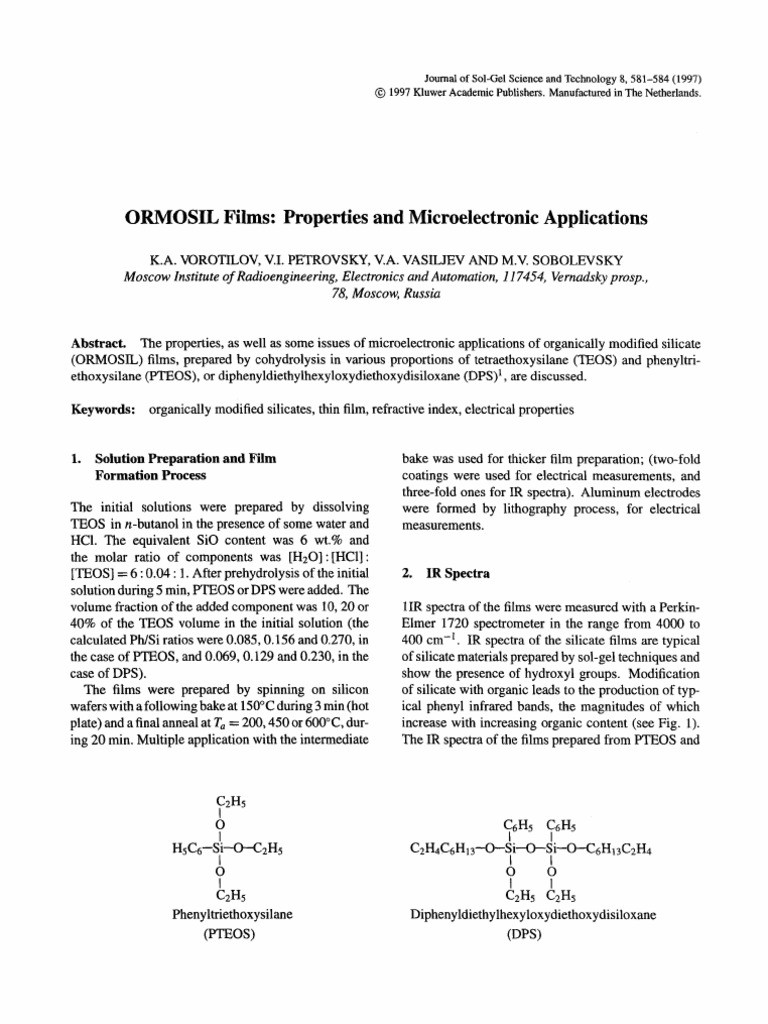 ORMOSIL Films Properties and Microelectronic Applications | PDF ...