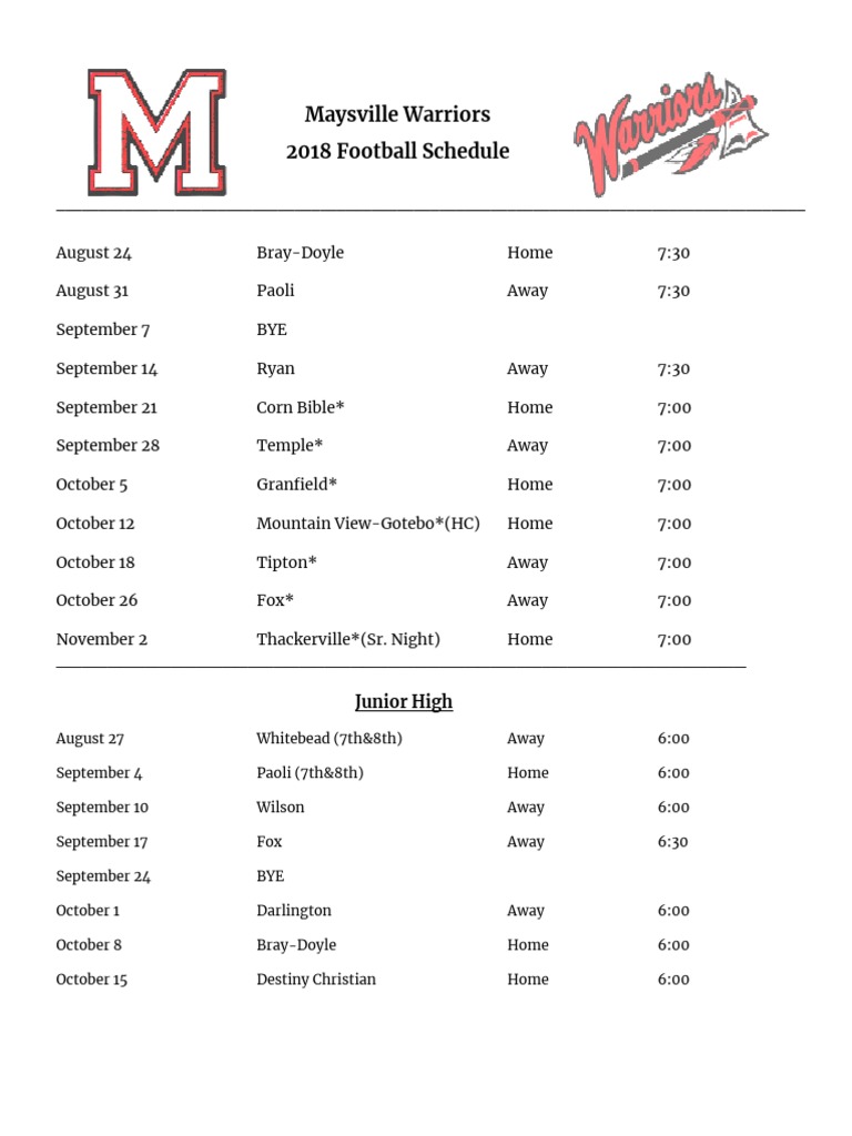 Maysville Warriors 2018 Football Schedule Junior High PDF