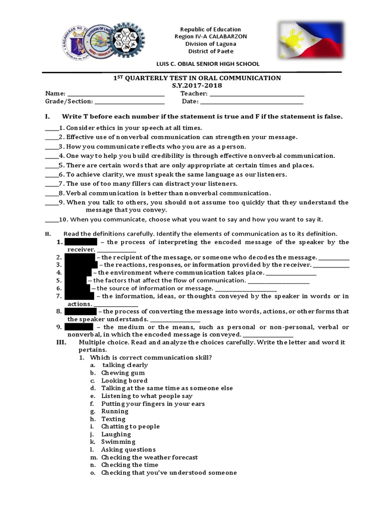 1st Quarter Oral Communication Test | PDF | Nonverbal Communication ...