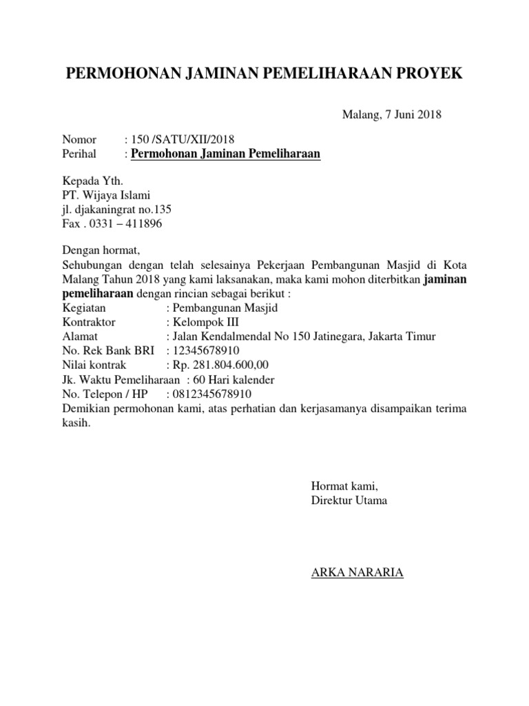 Permohonan Jaminan Pemeliharaan Proyek Pdf