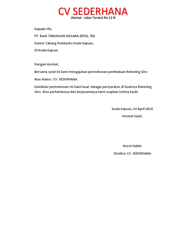 Contoh Surat Permohonan Pembukaan Rekening Giro Berbagi Contoh Surat