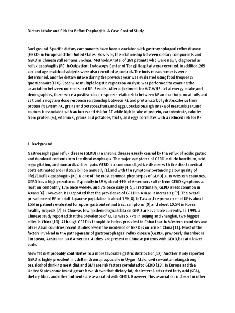 Dietary Intake and Risk For Reflux Esophagitis | PDF