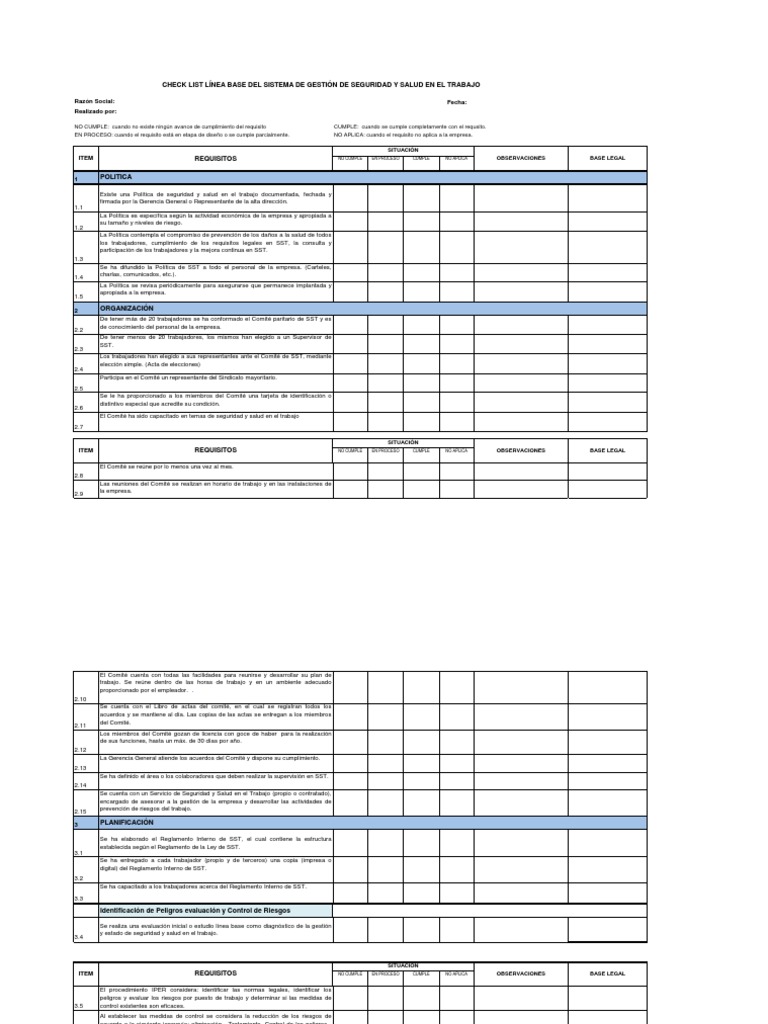 Check List para Línea Base | PDF | Seguridad y salud ocupacional | Science