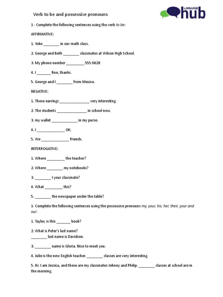 Verb To Be and Possessive Pronouns Exercises | PDF | Language Arts ...
