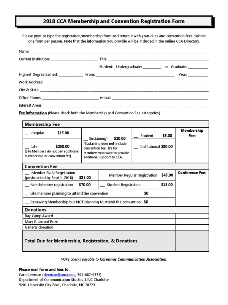 CCA 2018 Membership & Convention Form | PDF | Fee | Business