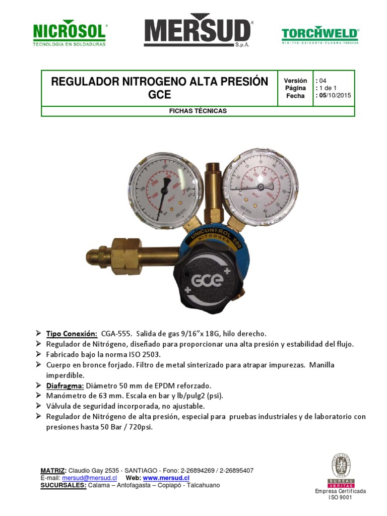 Ficha Regulador Nitrogeno Gce Unicontrol 500 | PDF