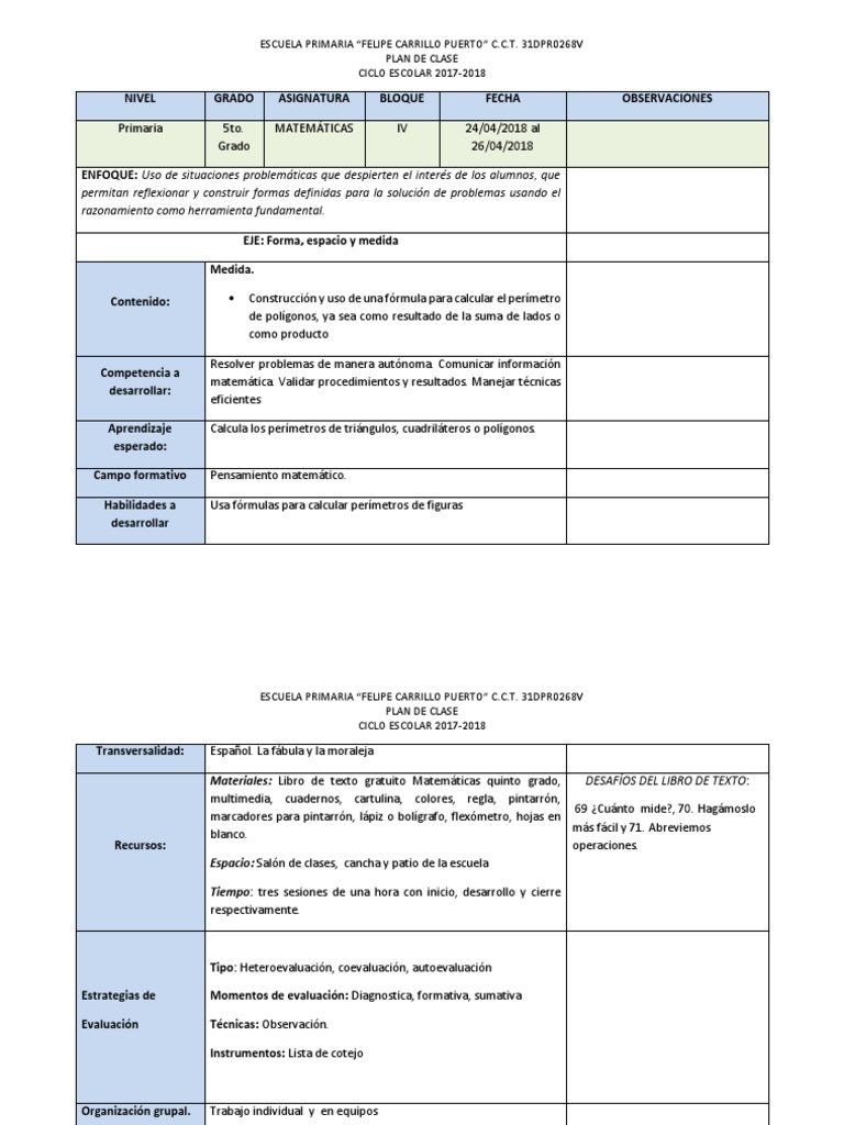 Planeacion Matematicas Quinto Grado Educación primaria Evaluación