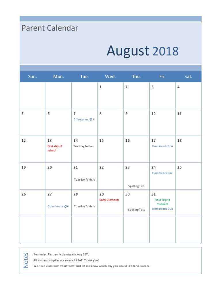 Parent Calendar PDF