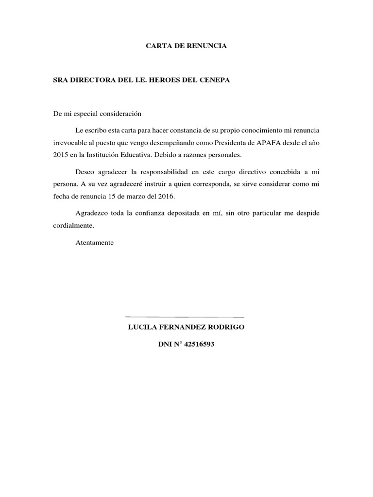 Modelo De Carta De Renuncia A Un Cargo Directivo  Noticias Modelo