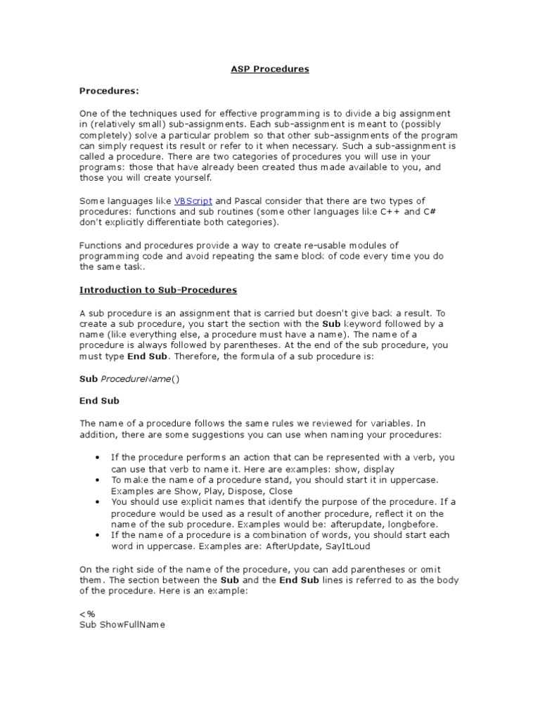 Asp procedures procedures vbscript pdf subroutine parameter