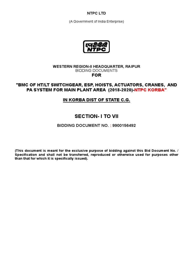 Tender Document 9900156492 PDF Specification (Technical Standard