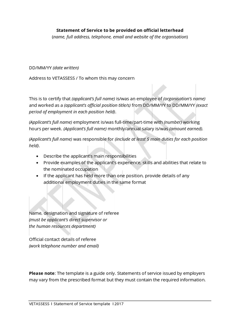 VETASSESS Statement of Service Template Employment Labor