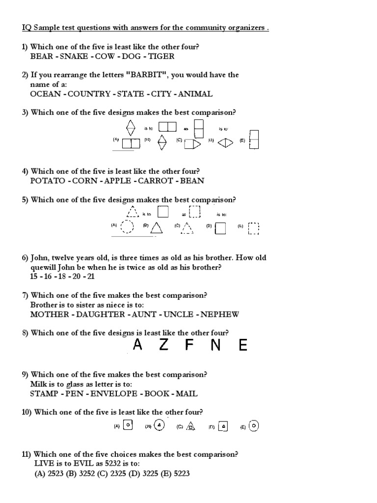 IQ Sample Test Questions With Answers For The Community Organizers | PDF