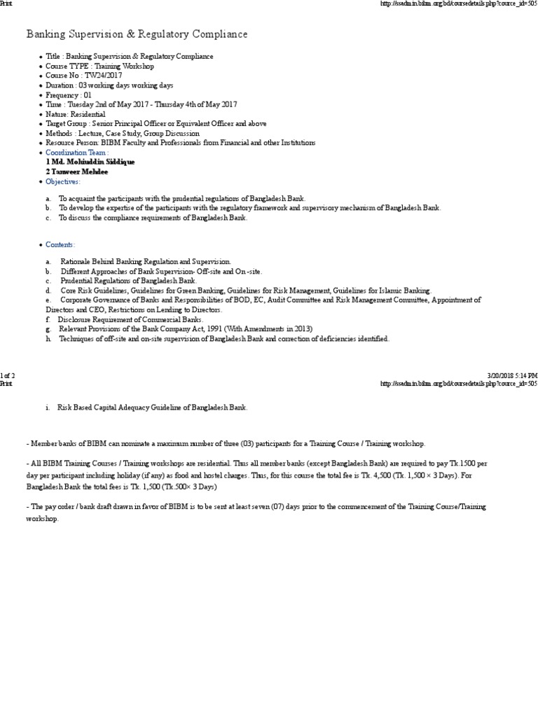 Course Outline Banking Supervision and Regulation PDF Bank Regulation Regulatory Compliance