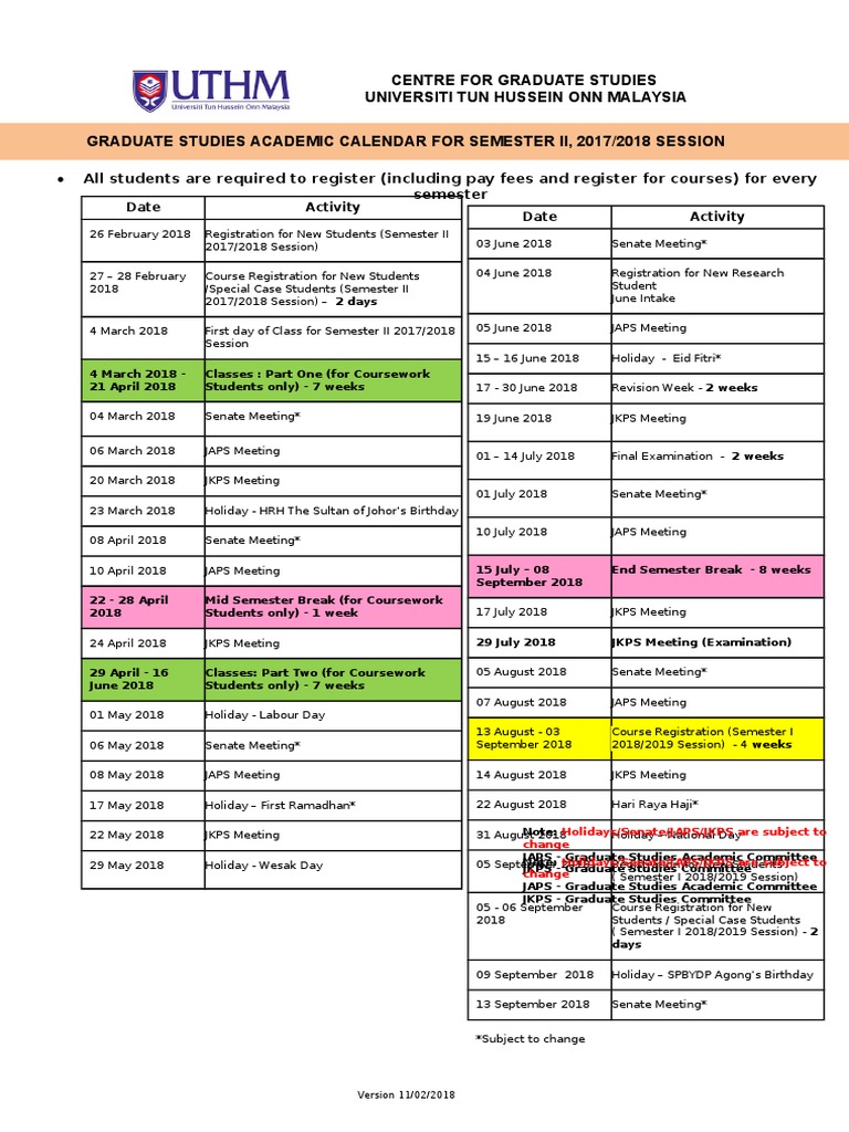 Academic Calendar for Semester II, 2017/2018 Session at Universiti Tun