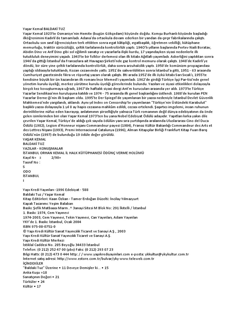 Yasar Kemal Baldaki Tuz Pdf