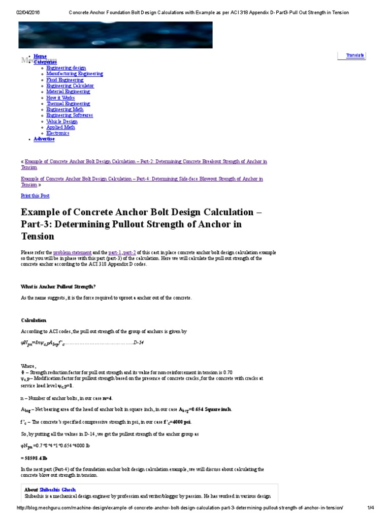 Concrete Anchor Foundation Bolt Design Calculations With Example As Per ACI 318 Appendix DPart3
