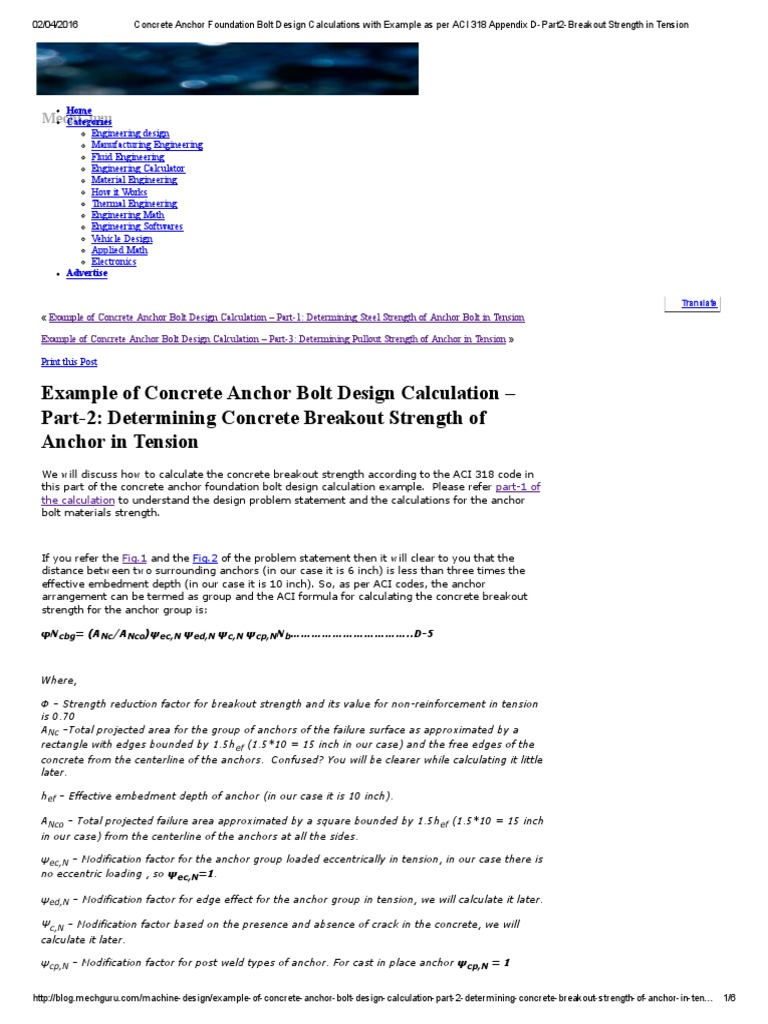 Concrete Anchor Foundation Bolt Design Calculations With Example As Per ...