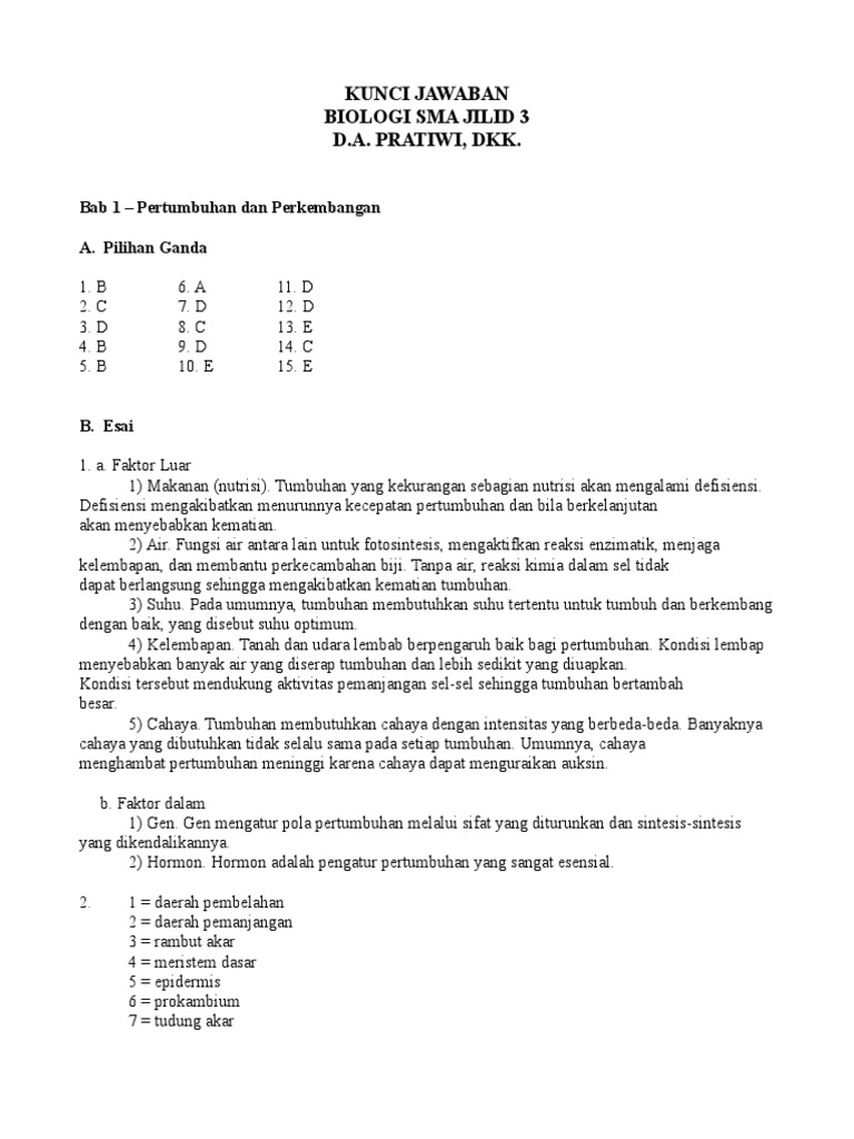 Kunci Jawaban Soal Biologi Sma Pratiwi 3