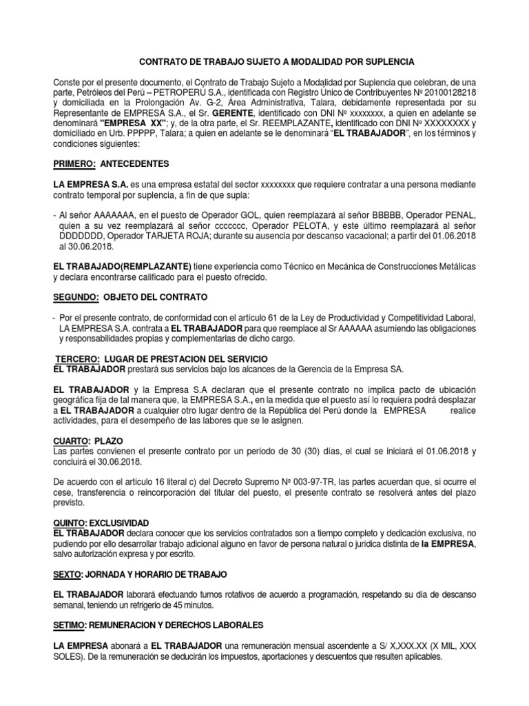 Contrato de Trabajo por Suplencia | PDF | Derecho laboral | Propiedad