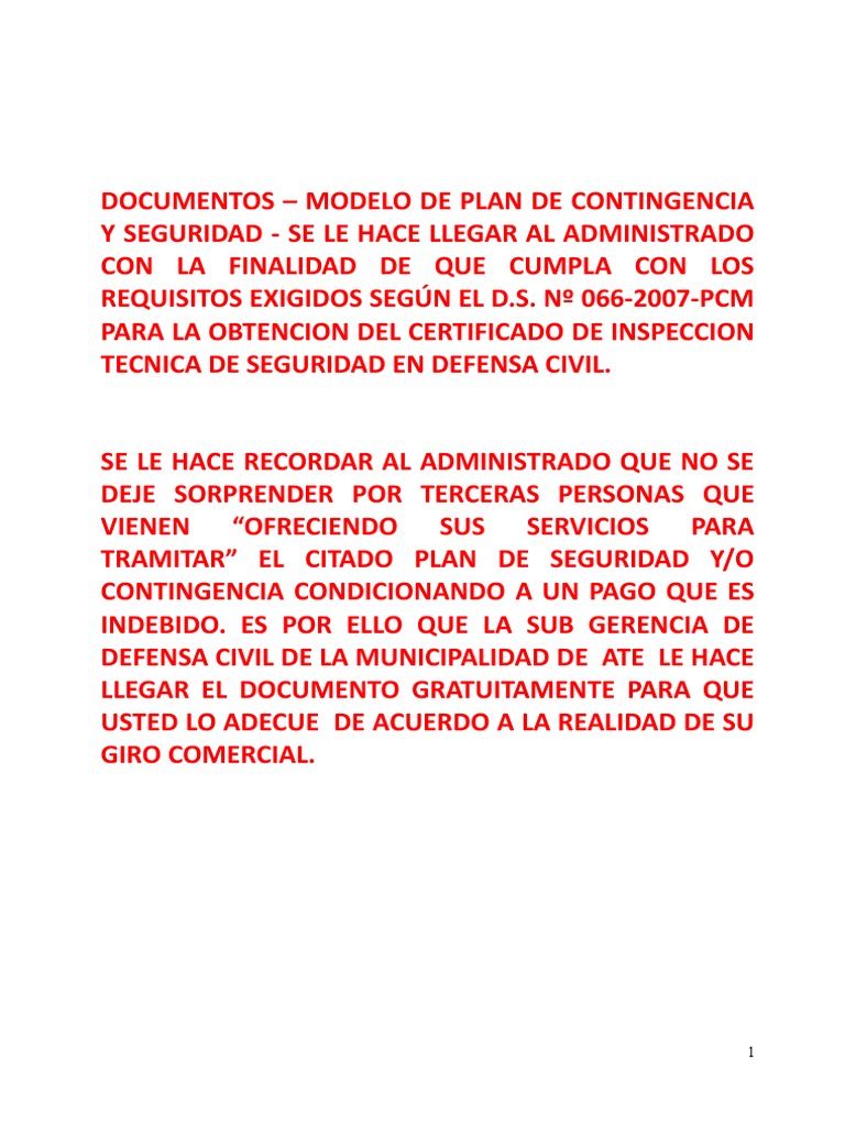 Modelo de Plan de Contingencia y Seguridad | PDF | Defensa Civil ...