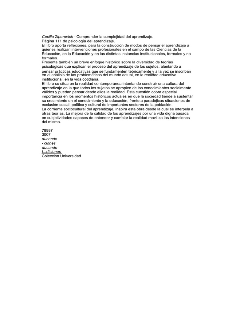 Ziperovich Comprender La Complejidad Del Aprendizaje PDF