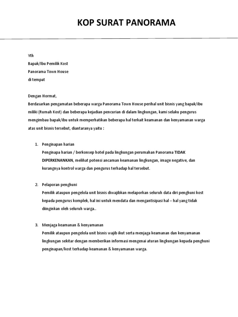 Draft Surat Himbauan Pemilik Kost Panorama Town House