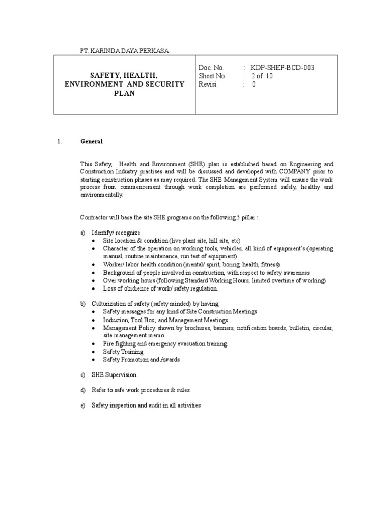SHE Management Plan Overview | PDF | Safety | Emergency