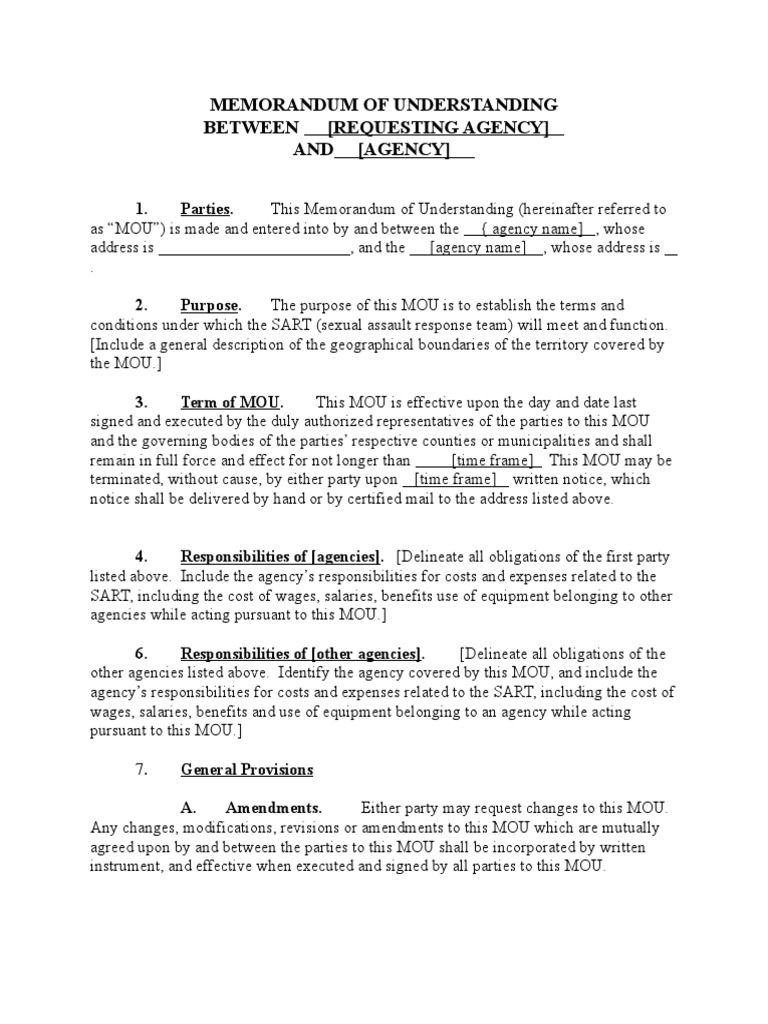 SAMPLE MOU Blank | PDF | Memorandum Of Understanding | Sovereign Immunity