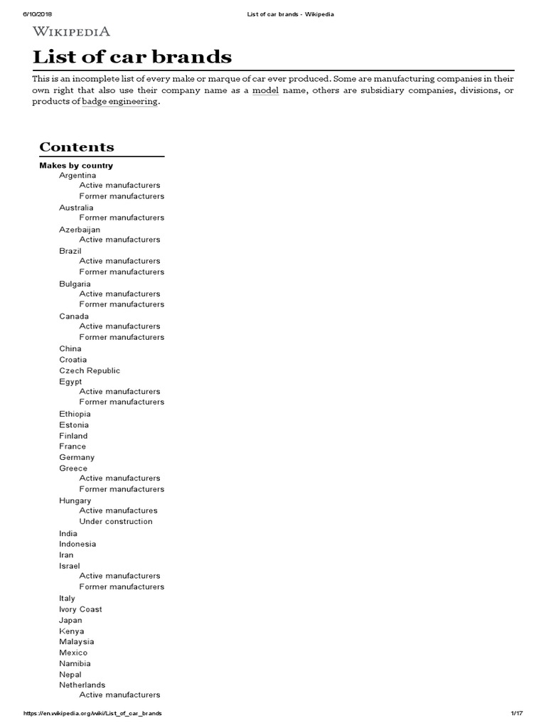 List of Car Brands Wikipedia PDF Motor Vehicle Manufacturers Car