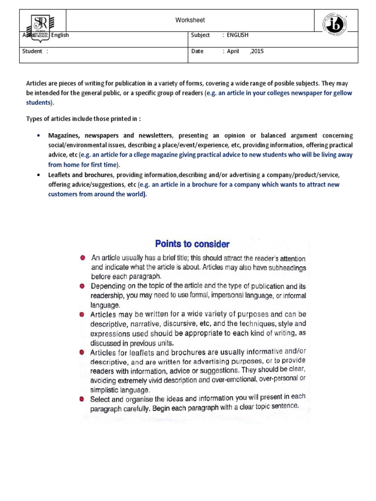 10mo Worksheet IB Article | PDF | Newspapers | Magazines