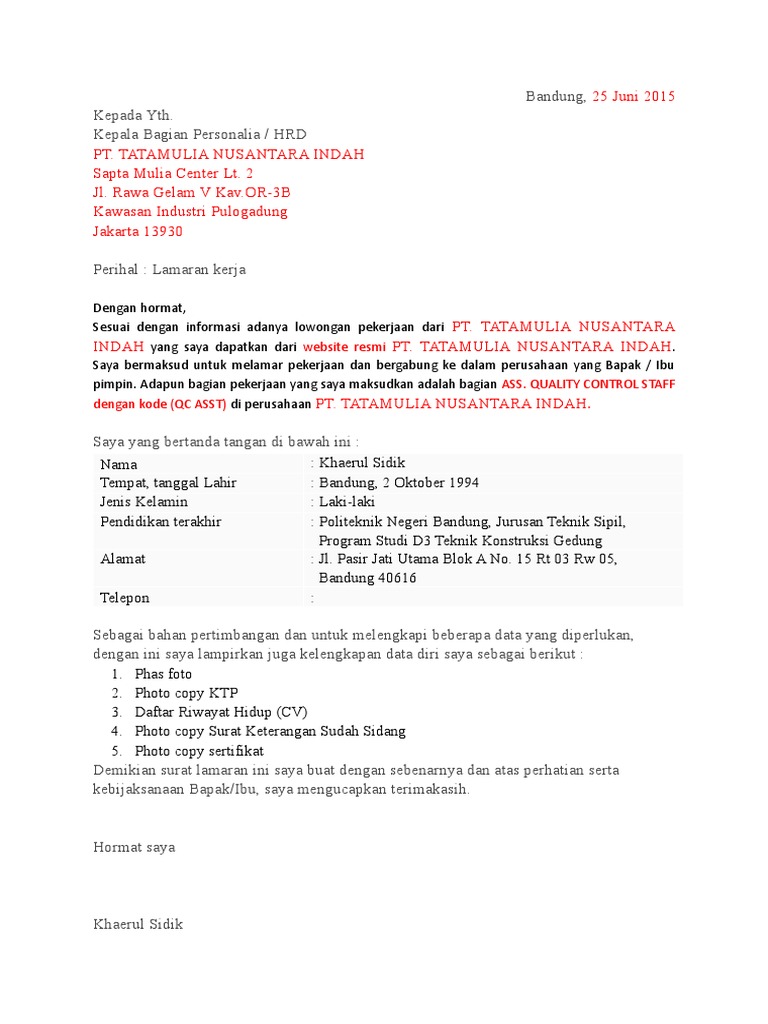 Download 81+ Contoh Surat Lamaran Kerja Quality Assurance Gratis Terbaru