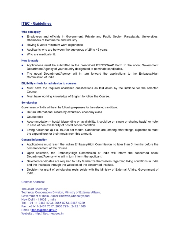 ITEC Scholarship Guidelines 2025 | PDF