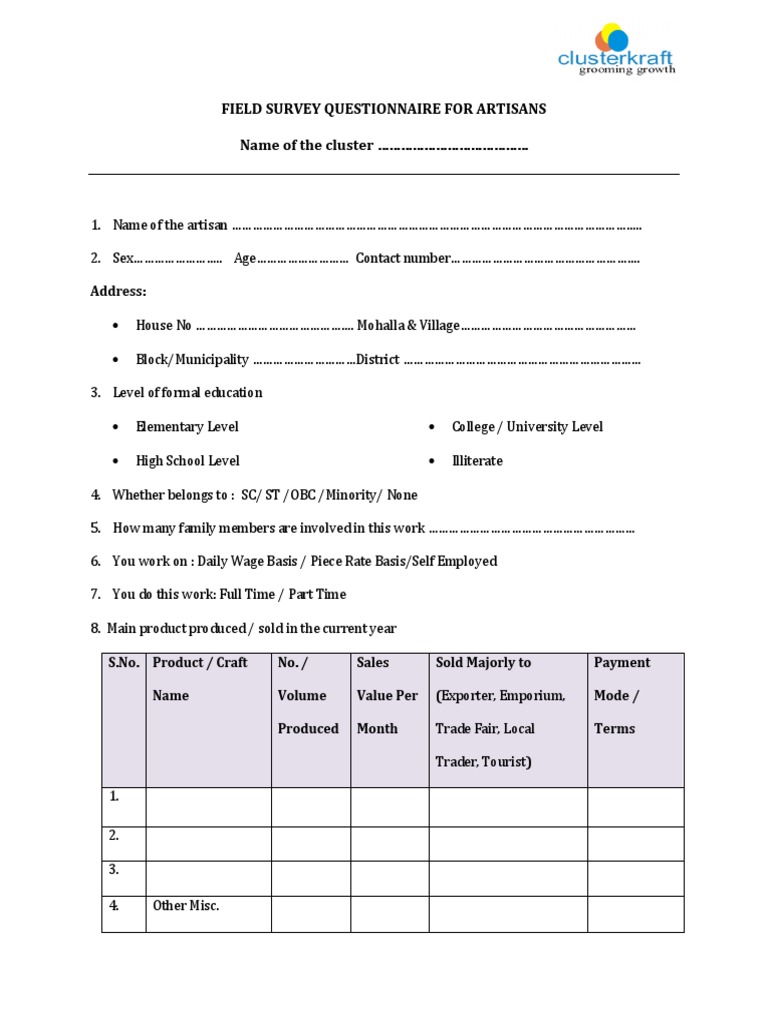 Artisan Field Survey Questionnaire | PDF | Loans | Economies
