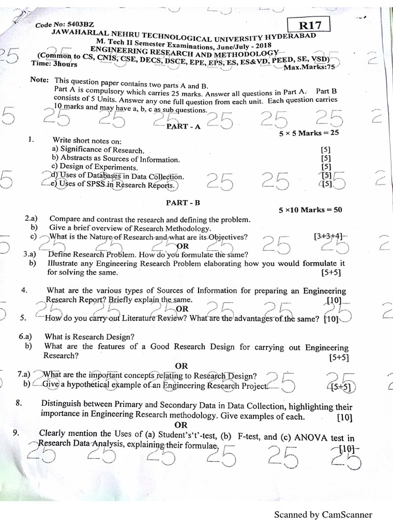 JNTUH Mtech Engineering Research Methodology question paper