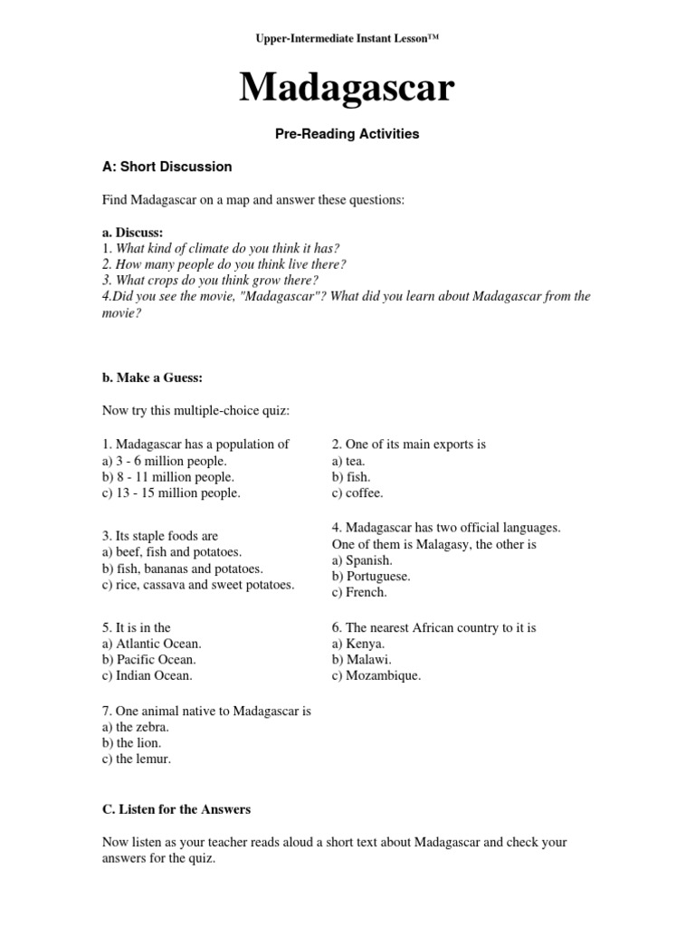 Madagascar: Pre-Reading Activities A: Short Discussion | PDF ...