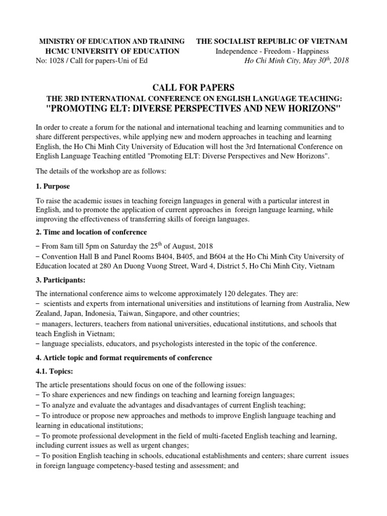 ELT Conference: Call for Papers | PDF | Language Education | Ho Chi ...