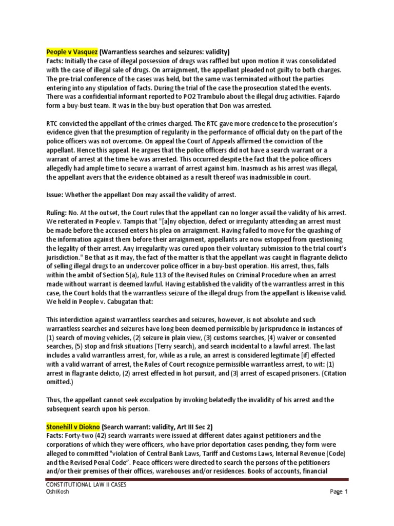 Constitutional Law Ii Cases Oshikosh | PDF | Search And Seizure ...