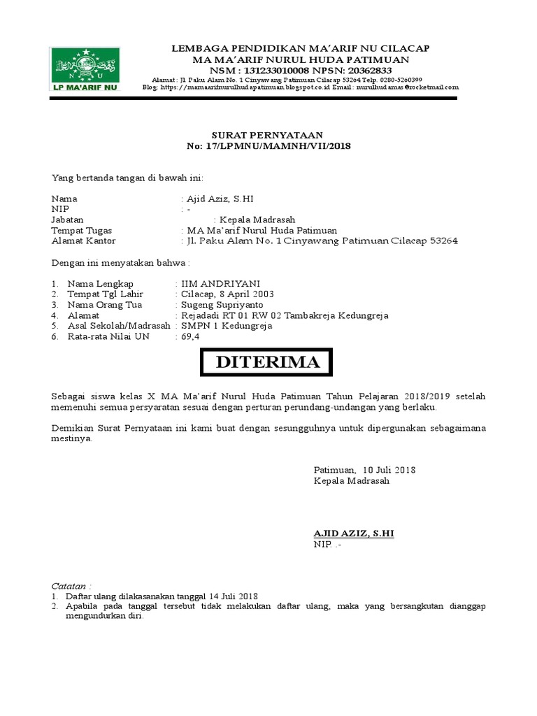 Surat Pernyataan Diterima Menjadi Siswa Baru  PDF