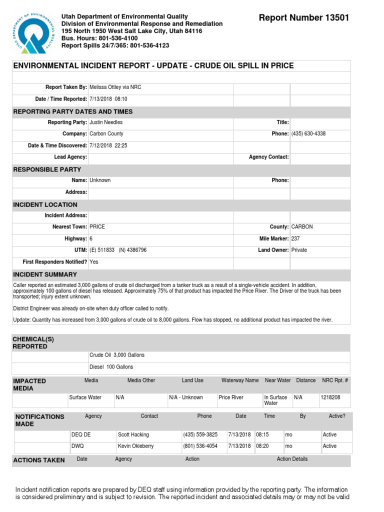 Utah DEQ Incident Report for Price River Tanker Spill Oil Spill