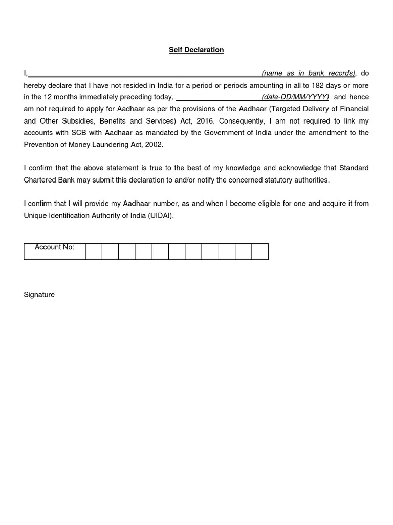 Self Declaration for Aadhaar Exemption | PDF | Social Institutions ...