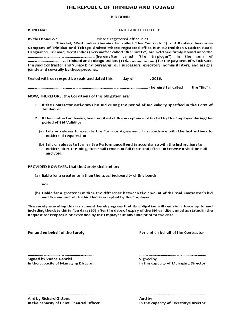 Bid Bond Specimen Surety Bond Private Law