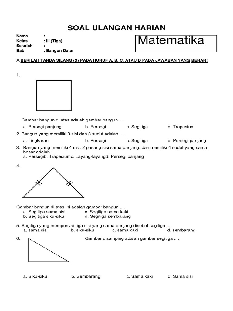 Soal Matematika Kelas 3 Sd Bab Bangun Datar
