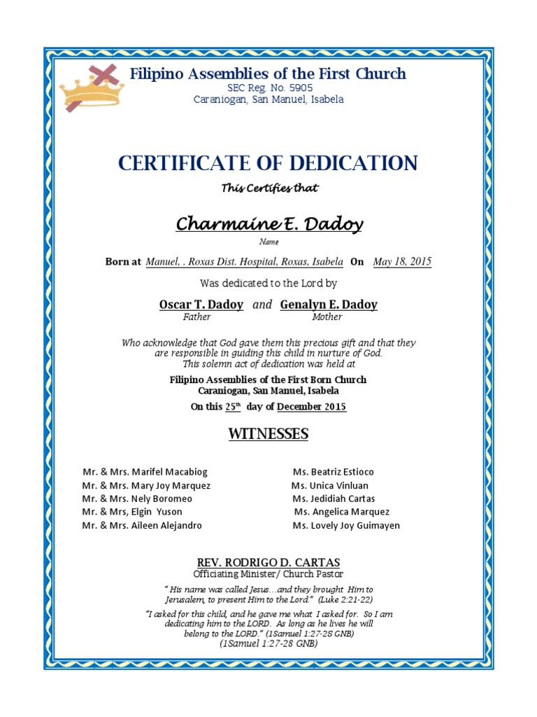 Certificate of Dedication for Charmaine Dadoy | PDF | Religion ...