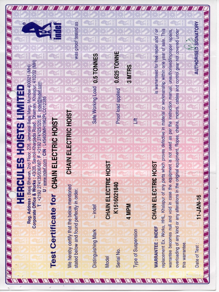 INDEF CHAIN HOIST + TROLLEY TEST CERTIFICATE